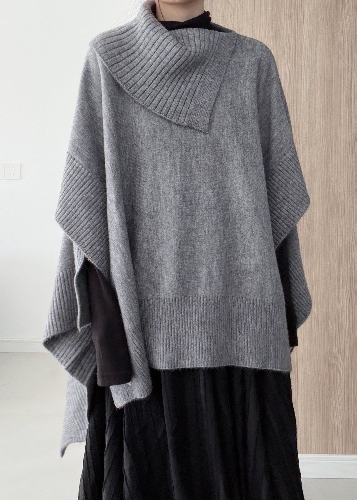 Fashion Grey Oversized Asymmetrical Design Knit Pullover Winter