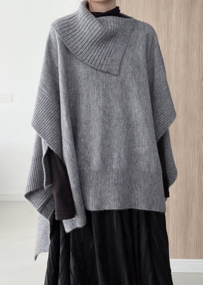 Fashion Grey Oversized Asymmetrical Design Knit Pullover Winter
