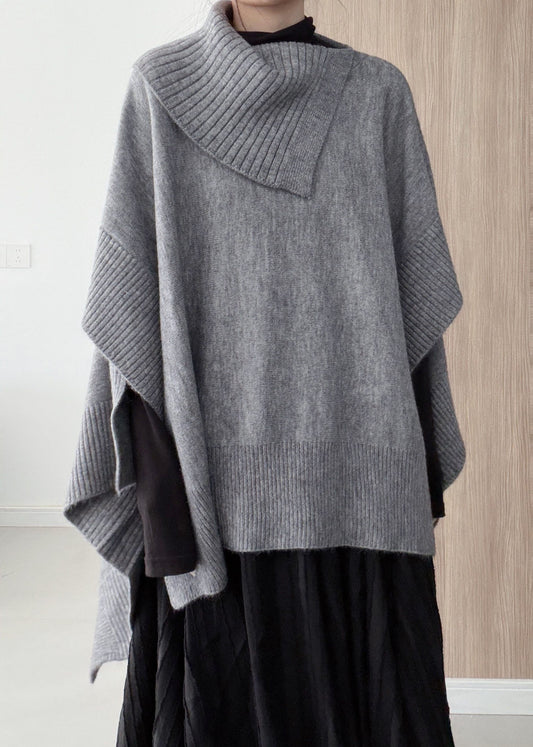 Fashion Grey Oversized Asymmetrical Design Knit Pullover Winter
