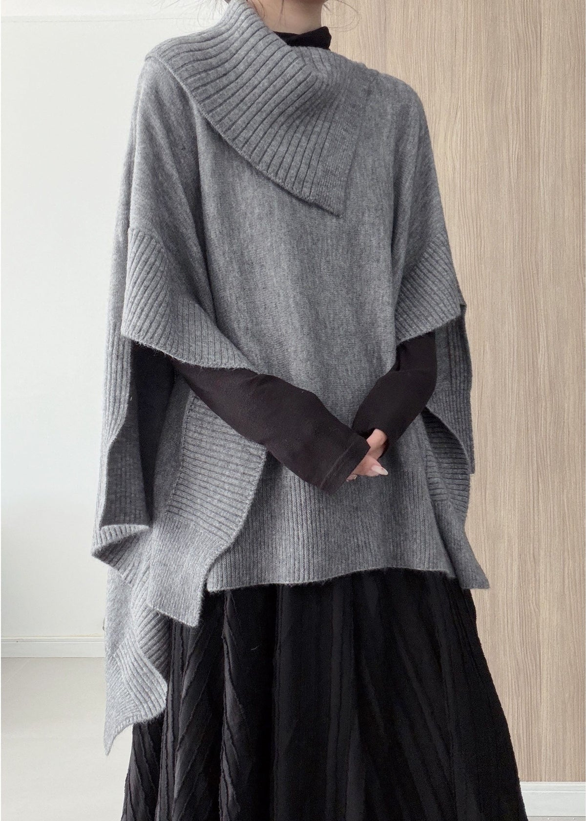 Fashion Grey Oversized Asymmetrical Design Knit Pullover Winter
