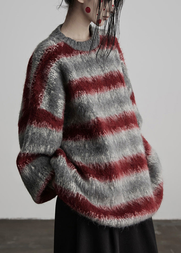 Fashion Grey Oversized Striped Knit Short Sweater Winter