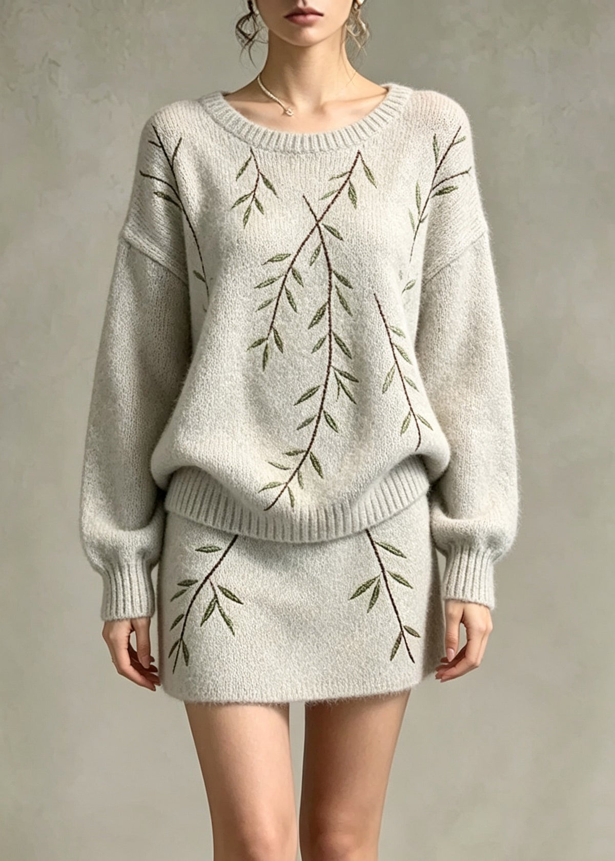 Fashion Grey Patchwork Cotton Knit Sweater And Skirts Two Pieces Set Long Sleeve