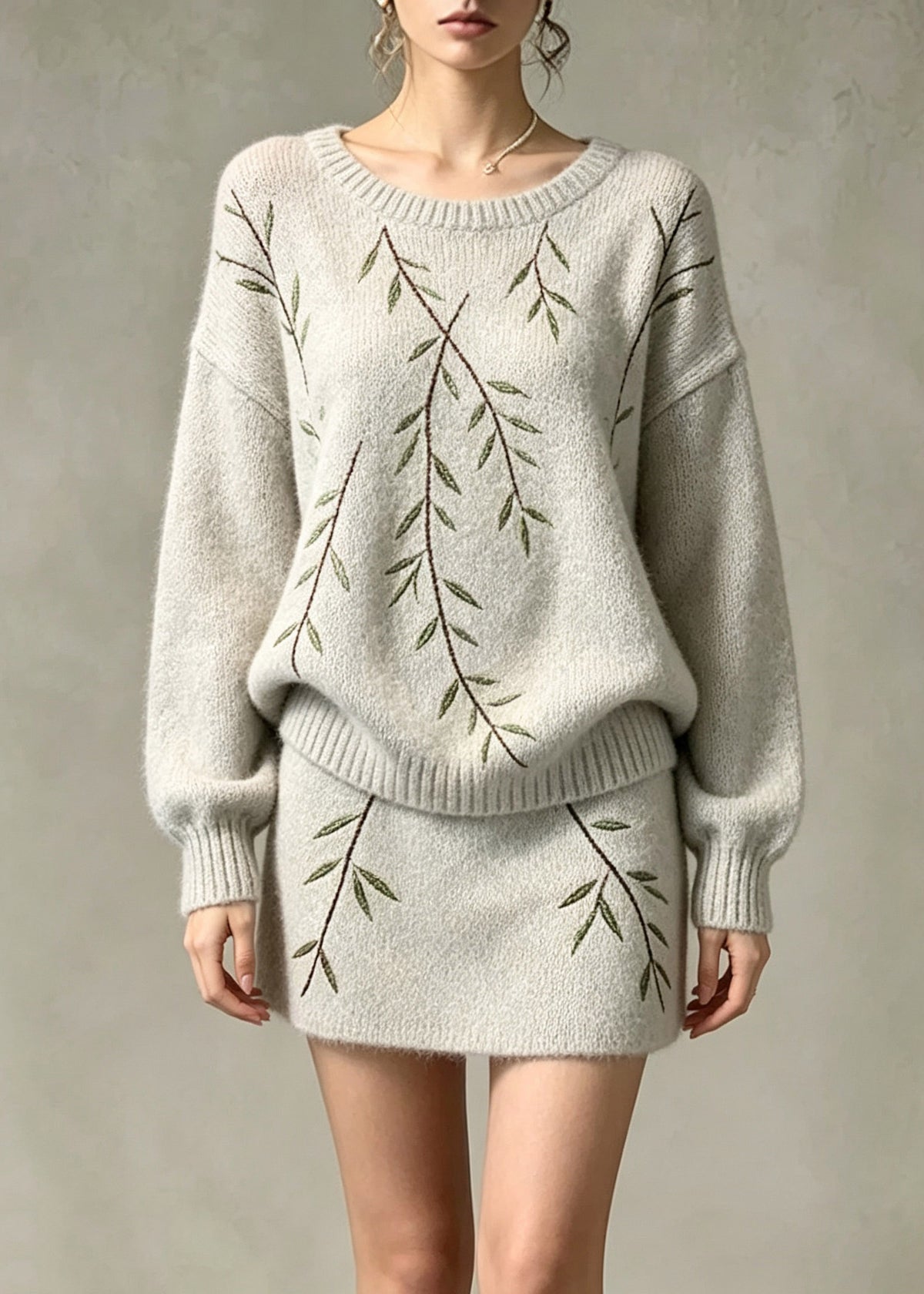 Fashion Grey Patchwork Cotton Knit Sweater And Skirts Two Pieces Set Long Sleeve