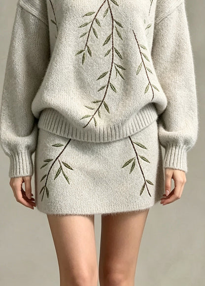 Fashion Grey Patchwork Cotton Knit Sweater And Skirts Two Pieces Set Long Sleeve