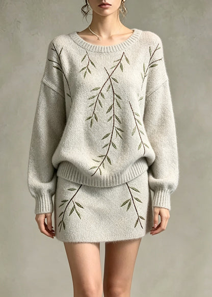Fashion Grey Patchwork Cotton Knit Sweater And Skirts Two Pieces Set Long Sleeve