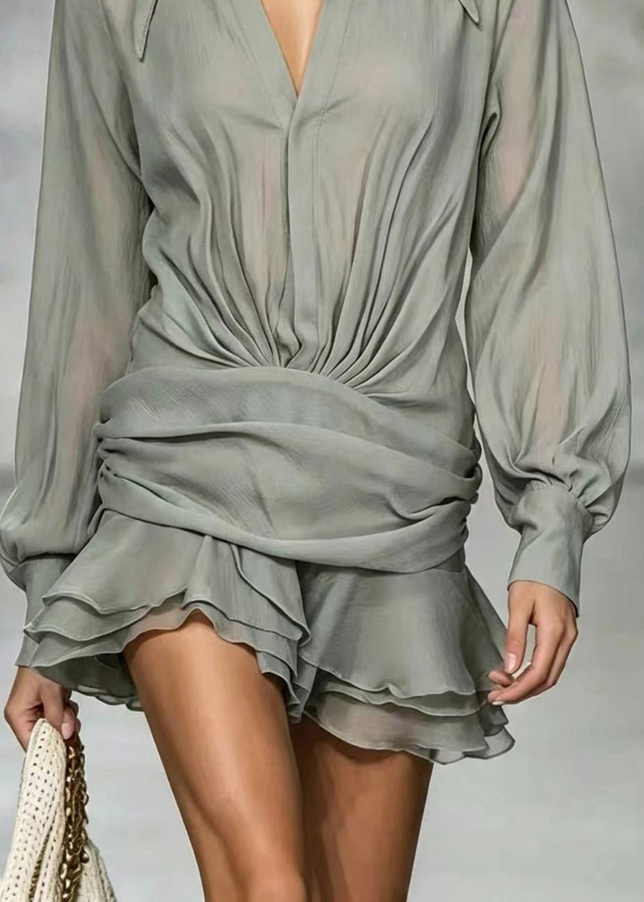 Fashion Grey Peter Pan Collar Layered Mini Dress Long Sleeve