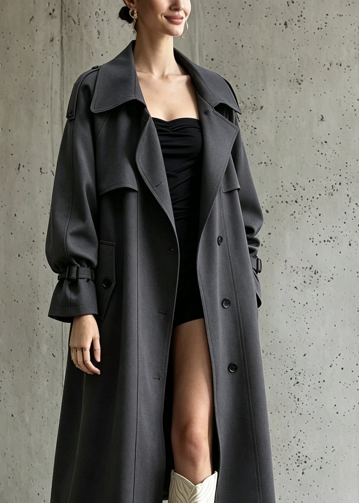 Fashion Grey Pockets Button Solid Maxi Trench Coats Fall
