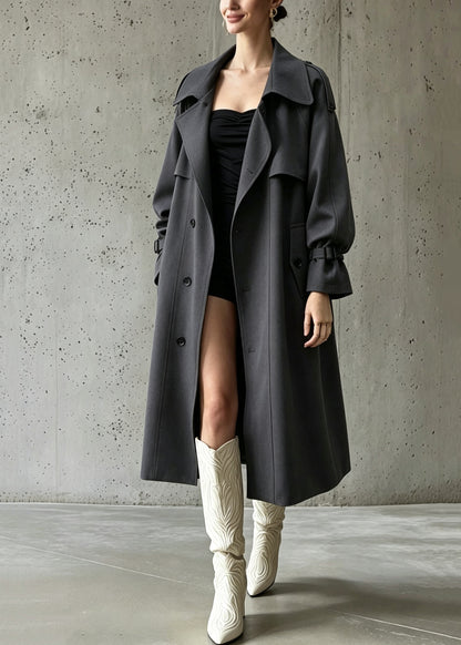 Fashion Grey Pockets Button Solid Maxi Trench Coats Fall