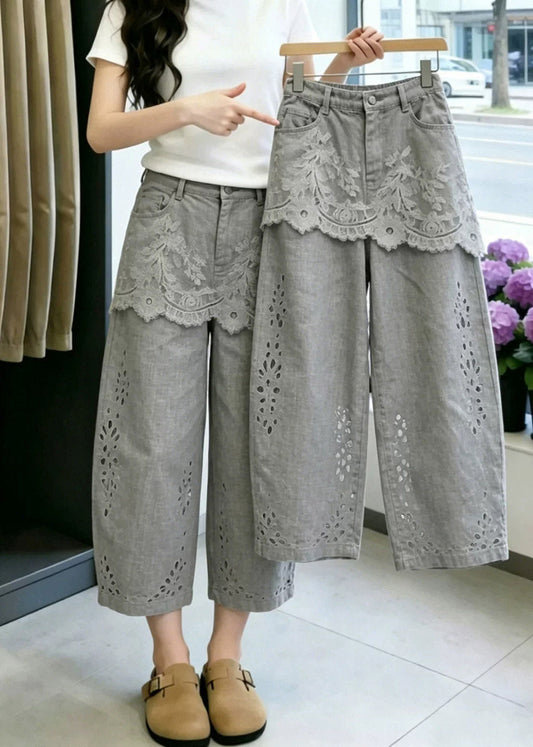 Fashion Grey Pockets Lace Patchwork Hollow Out Crop Pants