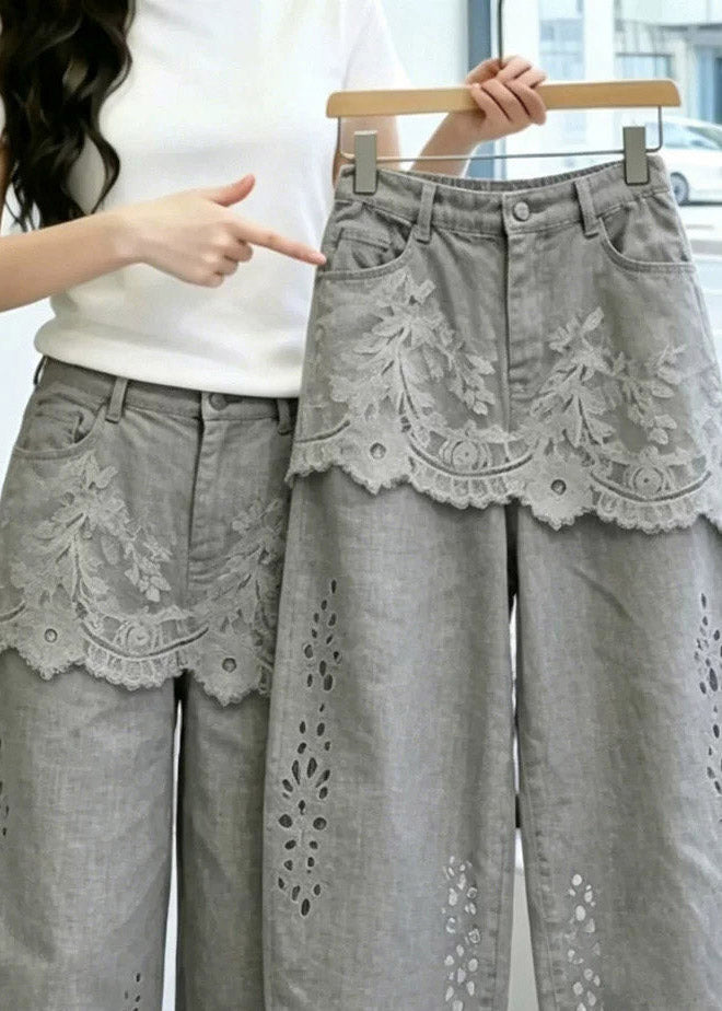 Fashion Grey Pockets Lace Patchwork Hollow Out Crop Pants