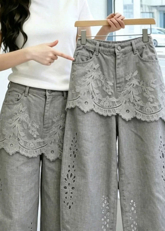 Fashion Grey Pockets Lace Patchwork Hollow Out Crop Pants