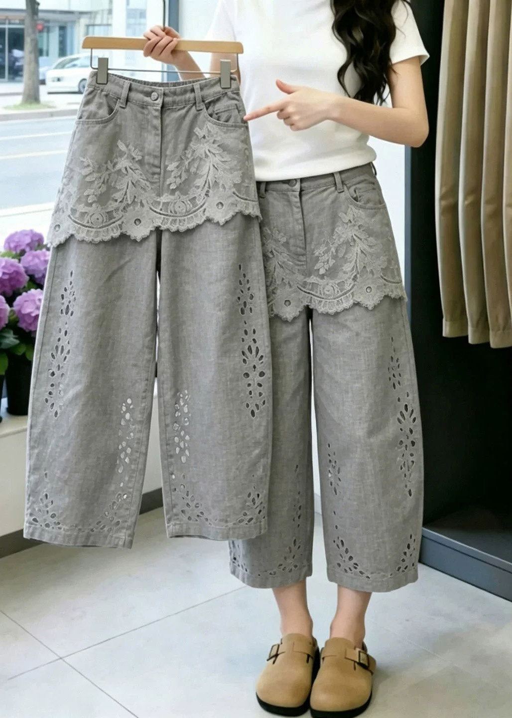 Fashion Grey Pockets Lace Patchwork Hollow Out Crop Pants
