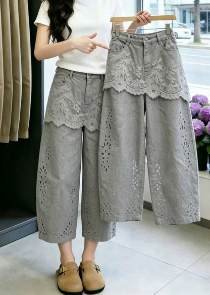 Fashion Grey Pockets Lace Patchwork Hollow Out Crop Pants