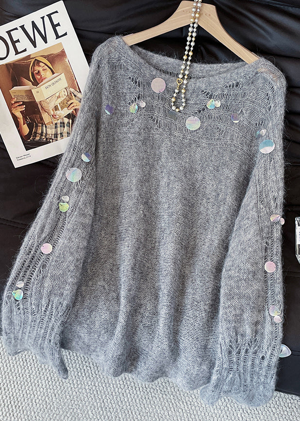 Fashion Grey Sequins Hollow Out Knitted Tops Fall
