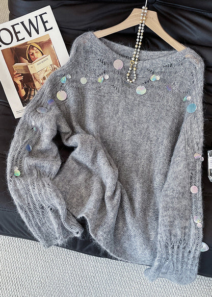 Fashion Grey Sequins Hollow Out Knitted Tops Fall