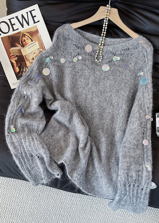 Fashion Grey Sequins Hollow Out Knitted Tops Fall