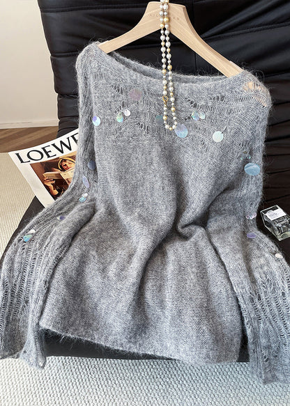 Fashion Grey Sequins Hollow Out Knitted Tops Fall