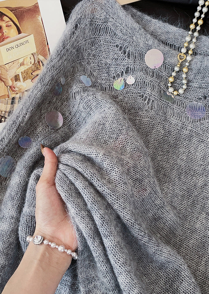 Fashion Grey Sequins Hollow Out Knitted Tops Fall
