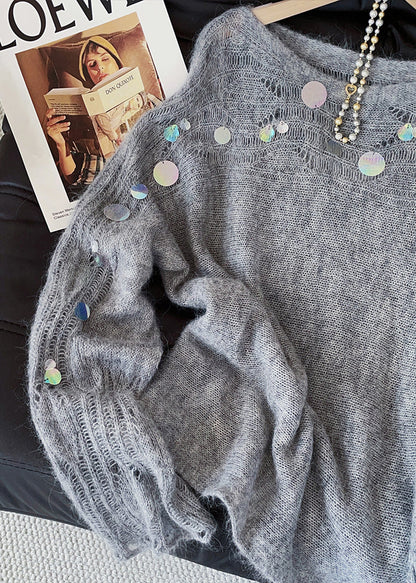 Fashion Grey Sequins Hollow Out Knitted Tops Fall
