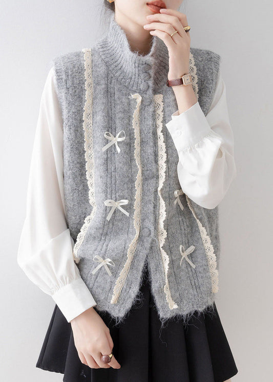 Fashion Grey Stand Collar Lace Patchwork Knit Vest Sleeveless