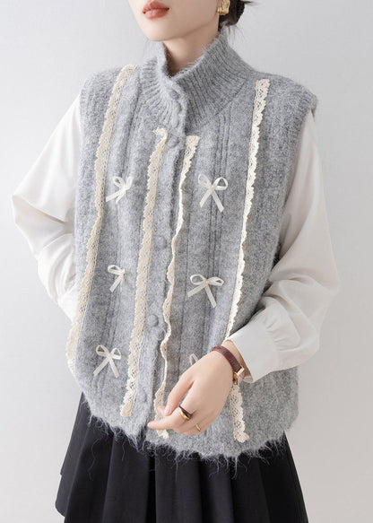 Fashion Grey Stand Collar Lace Patchwork Knit Vest Sleeveless