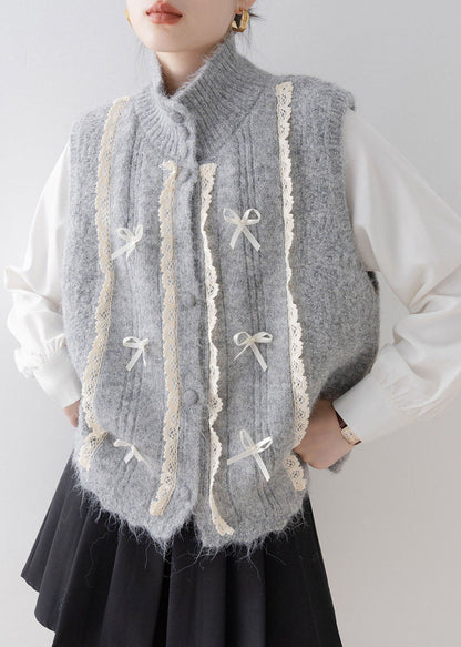 Fashion Grey Stand Collar Lace Patchwork Knit Vest Sleeveless