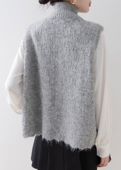 Fashion Grey Stand Collar Lace Patchwork Knit Vest Sleeveless