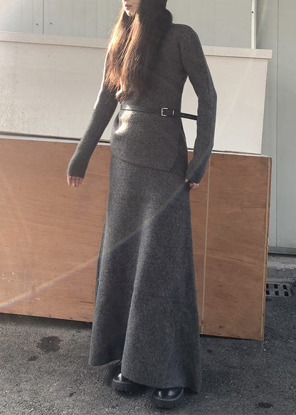 Fashion Grey Turtle Neck Asymmetrical Design Knit Two Pieces Set Winter