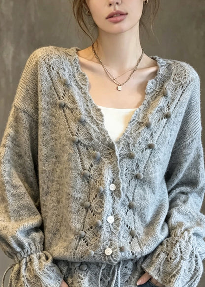 Fashion Grey V Neck Lace Up Patchwork Knit Cardigans Fall
