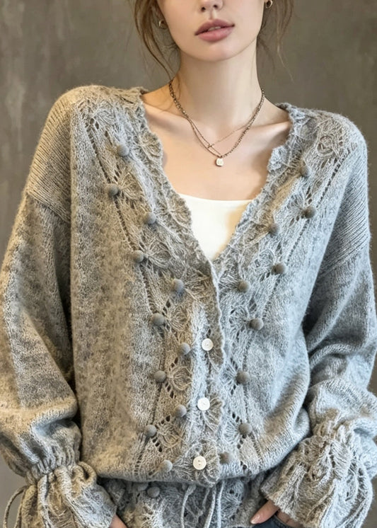 Fashion Grey V Neck Lace Up Patchwork Knit Cardigans Fall