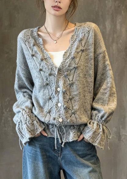 Fashion Grey V Neck Lace Up Patchwork Knit Cardigans Fall