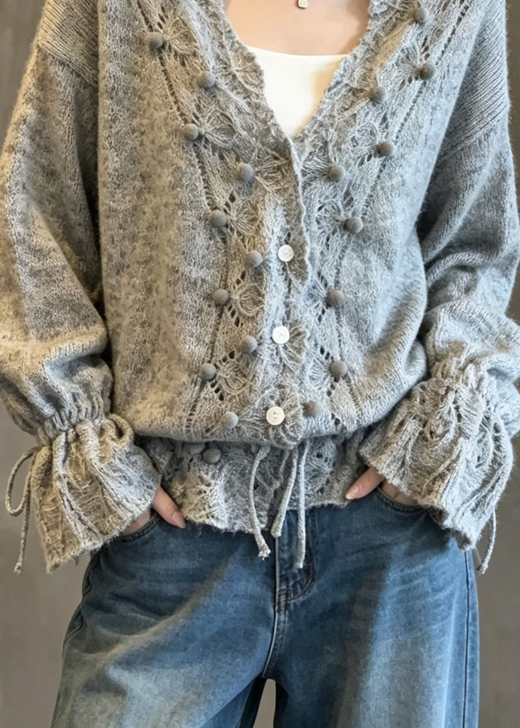 Fashion Grey V Neck Lace Up Patchwork Knit Cardigans Fall