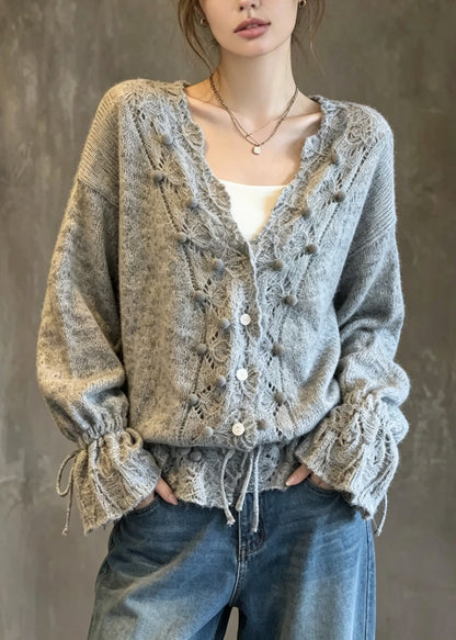 Fashion Grey V Neck Lace Up Patchwork Knit Cardigans Fall