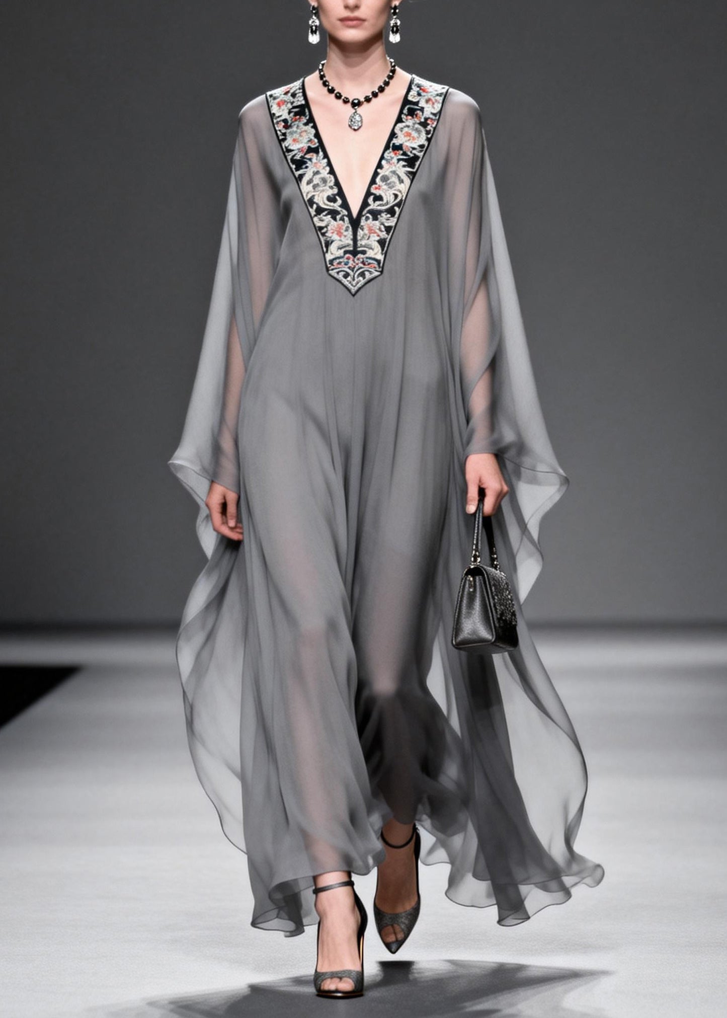 Fashion Grey V Neck Print Patchwork Chiffon Maxi Dresses Spring