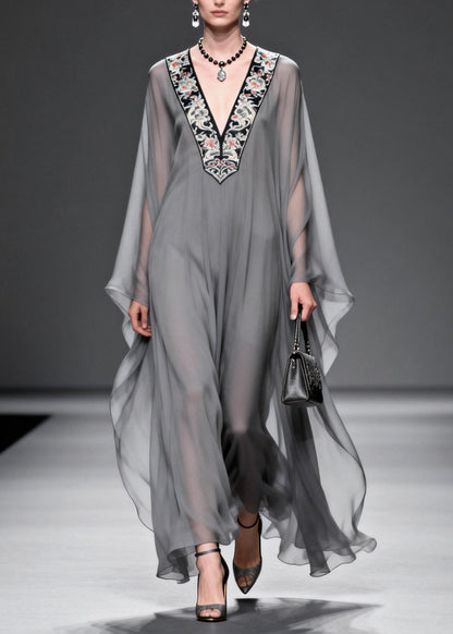 Fashion Grey V Neck Print Patchwork Chiffon Maxi Dresses Spring