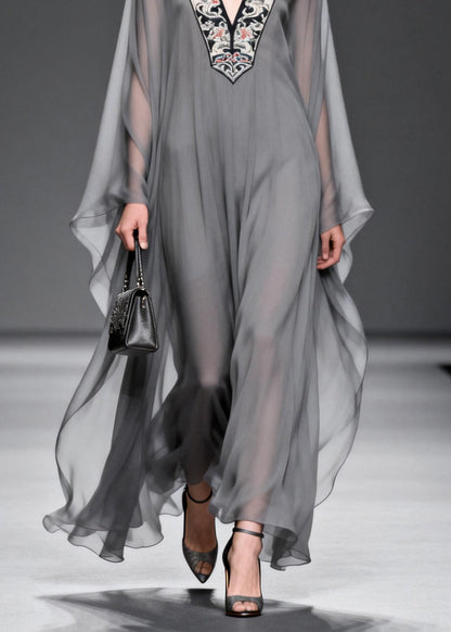 Fashion Grey V Neck Print Patchwork Chiffon Maxi Dresses Spring