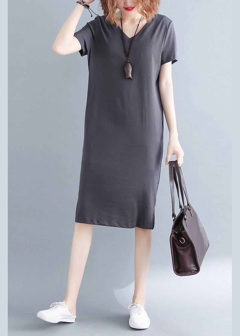 Fashion Grey V Neck Vacation Summer Cotton Dress - SooLinen