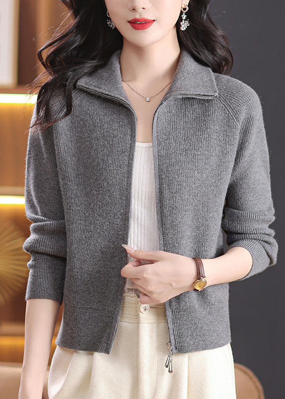 Fashion Grey Zippered Solid Knitted Cotton Coats Long Sleeve