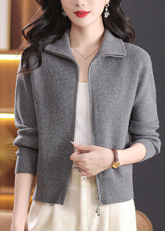 Fashion Grey Zippered Solid Knitted Cotton Coats Long Sleeve