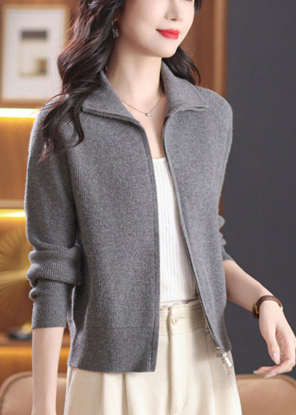 Fashion Grey Zippered Solid Knitted Cotton Coats Long Sleeve
