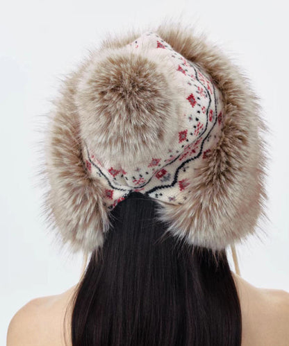 Fashion Jacquard Knitted Thick Warm Fleece Fur Boonie Hat