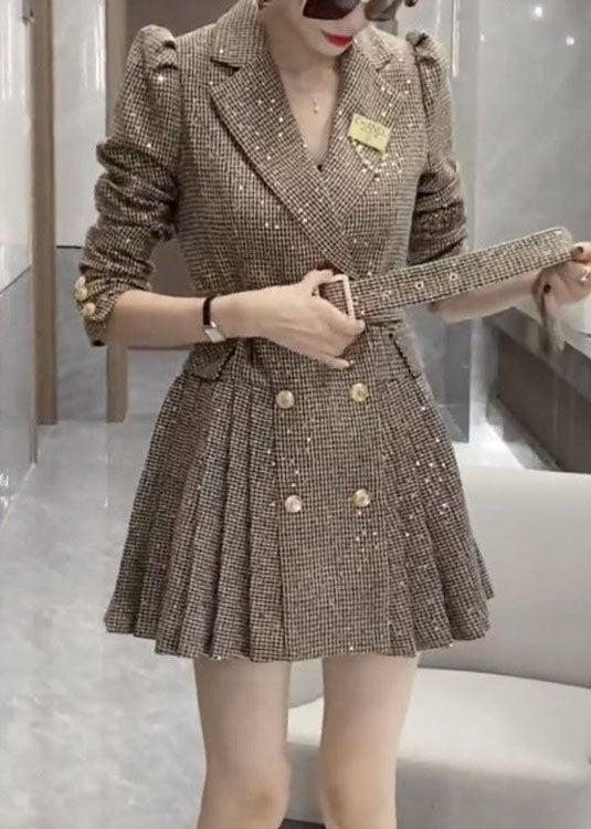 Fashion Khaki Peter Pan Collar Wrinkled Patchwork Cotton Dress Fall