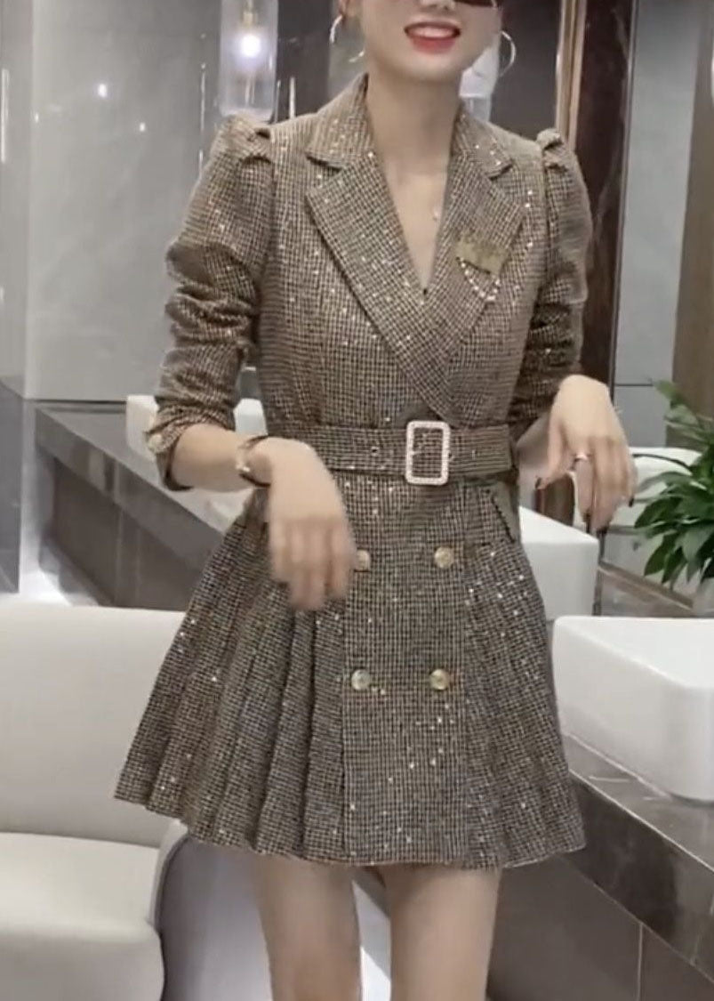 Fashion Khaki Peter Pan Collar Wrinkled Patchwork Cotton Dress Fall
