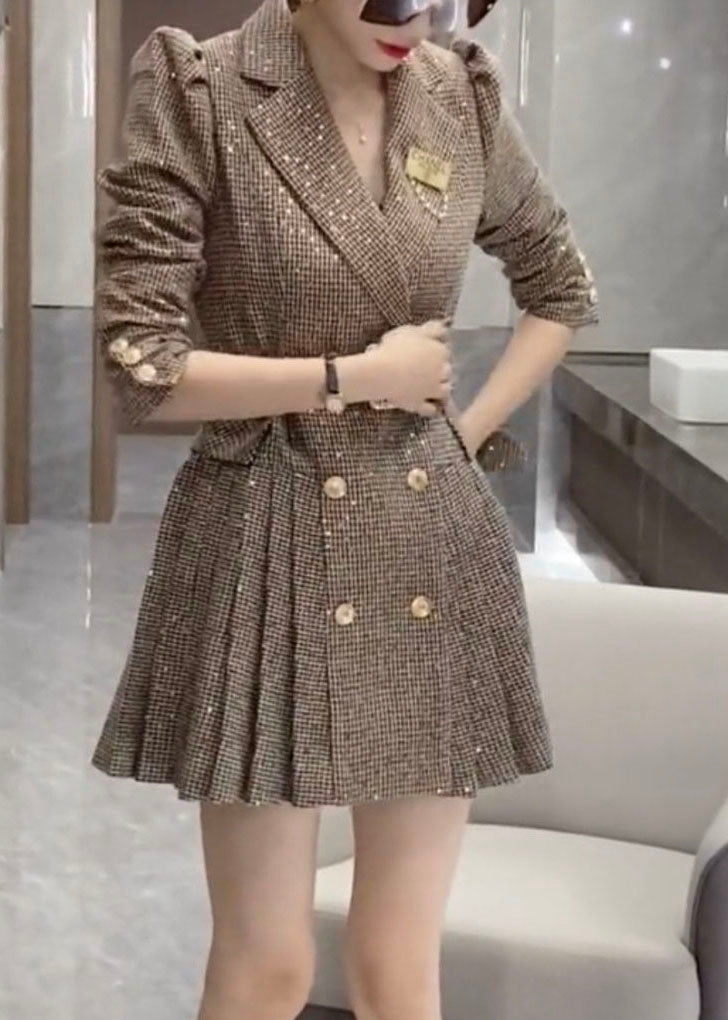 Fashion Khaki Peter Pan Collar Wrinkled Patchwork Cotton Dress Fall