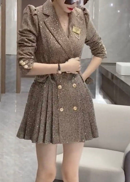 Fashion Khaki Peter Pan Collar Wrinkled Patchwork Cotton Dress Fall