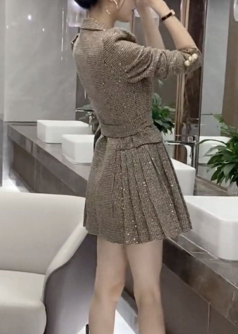 Fashion Khaki Peter Pan Collar Wrinkled Patchwork Cotton Dress Fall
