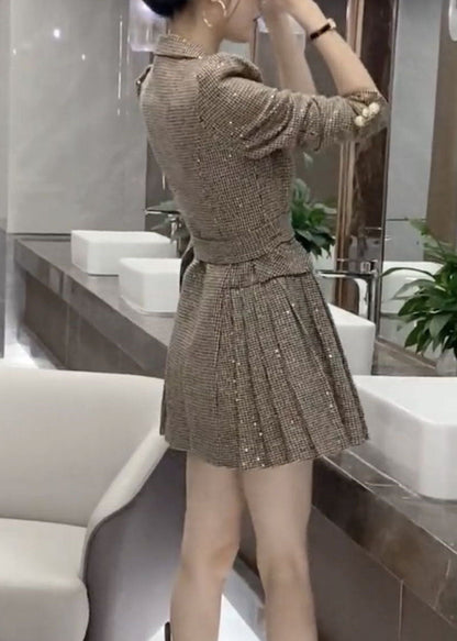 Fashion Khaki Peter Pan Collar Wrinkled Patchwork Cotton Dress Fall