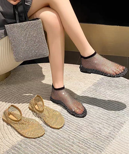 Fashion Khaki Soft Bottom Mesh Breathable Hollow Out Zircon Flat Sandals