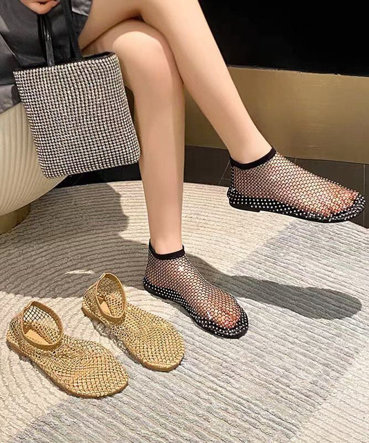 Fashion Khaki Soft Bottom Mesh Breathable Hollow Out Zircon Flat Sandals