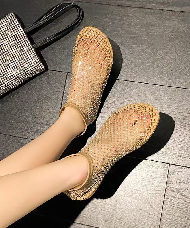 Fashion Khaki Soft Bottom Mesh Breathable Hollow Out Zircon Flat Sandals